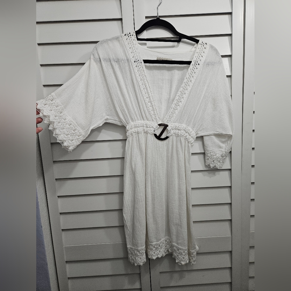 Cotton  Natural White Summer Top  Delicate Crochet Trim and Wood Accent